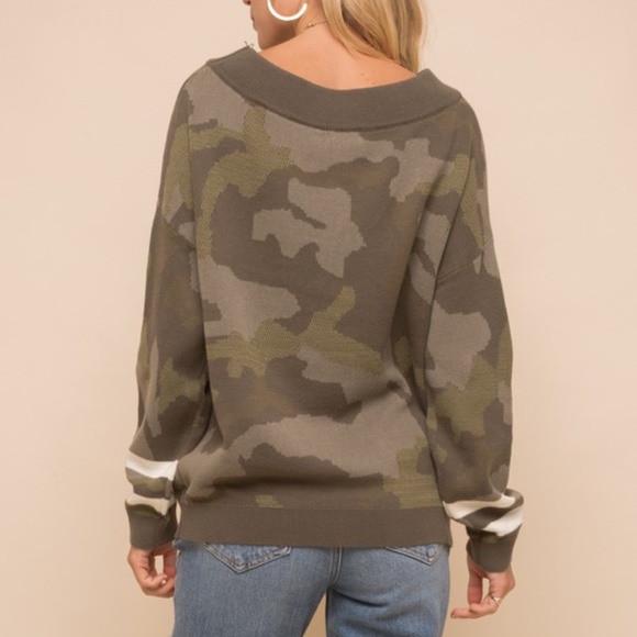 Cozy Olive Off Shoulder Camo Sweater Top - Picture 6 of 7